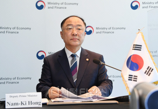 홍남기 부총리 겸 기획재정부 장관이 3일 서울 광화문 포시즌스호텔에서 화상으로 열린 '제24회 아세안+3 재무장관회의'에 의장으로 참석, 개회사를 하고 있다. <기획재정부 제공>